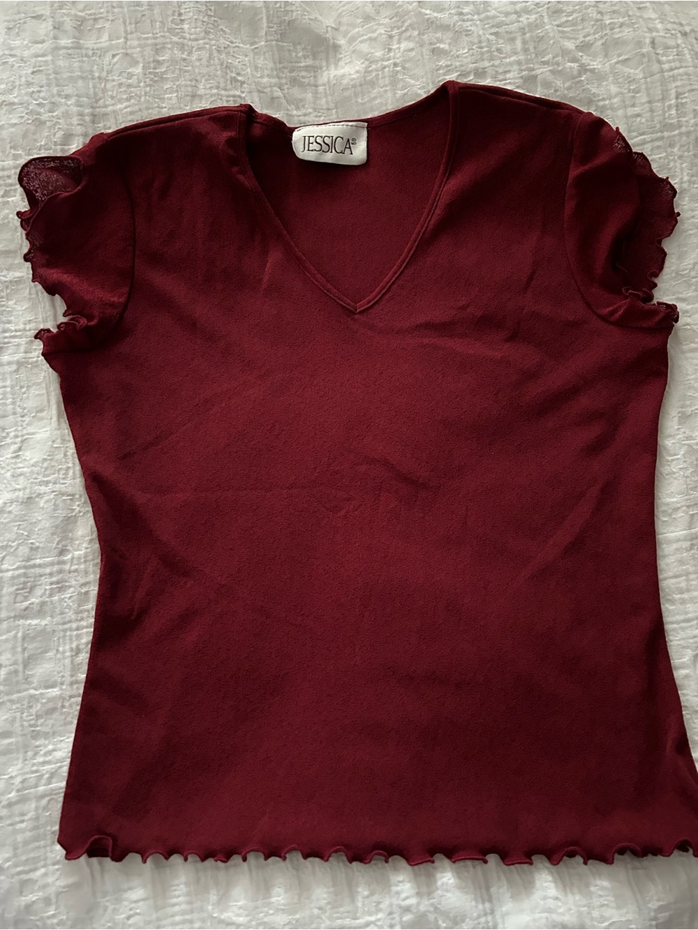 Jessica Burgundy V-Neck Lettuce-Edge Short Sleeve Top
